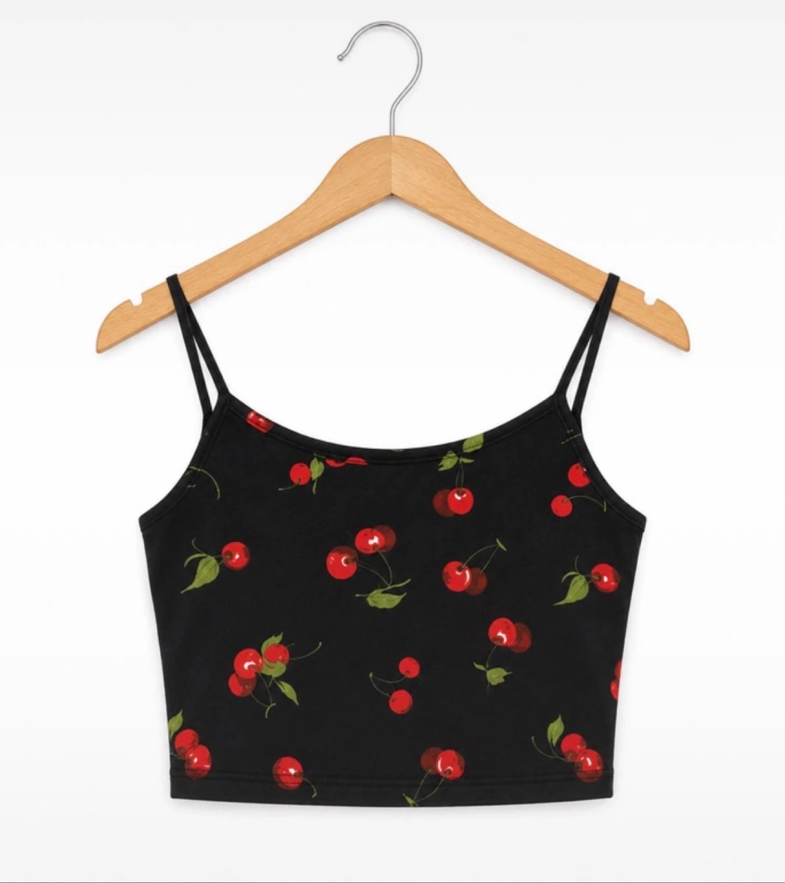 Top noir imprimé cerises - bretelles fines - style été